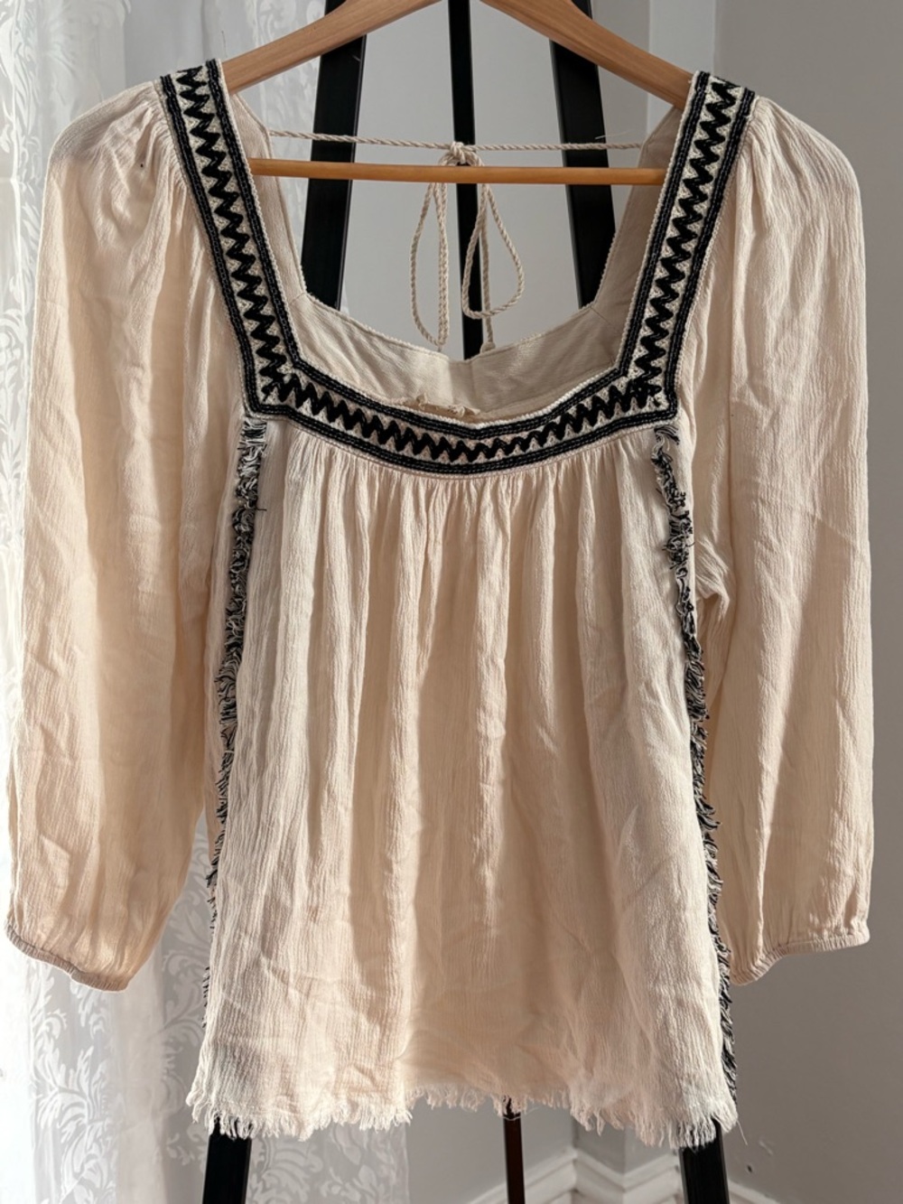 Hem & Thread Boho Embroidered Square-Neck Women’s Top in Cream